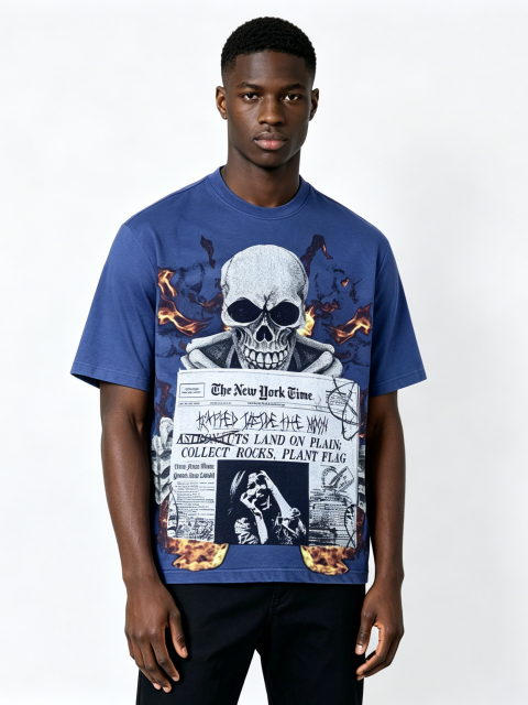 Custom Vintage Wash Skull & Newspaper Graphic T-Shirt - LW&SUNKUN Men's Fire Print Streetwear Tee OEM/ODM Wholesale
