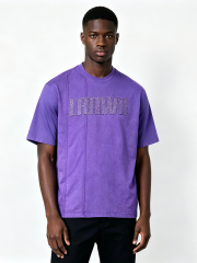 Custom Vintage Purple Rhinestone Logo T-Shirt - LW&SUNKUN Men's Washed Paneled Streetwear Tee OEM/ODM Wholesale