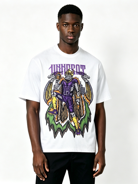 Custom Viking Skeleton Football Graphic T-Shirt - LW&SUNKUN Men's Purple & Yellow Streetwear Tee OEM/ODM Wholesale