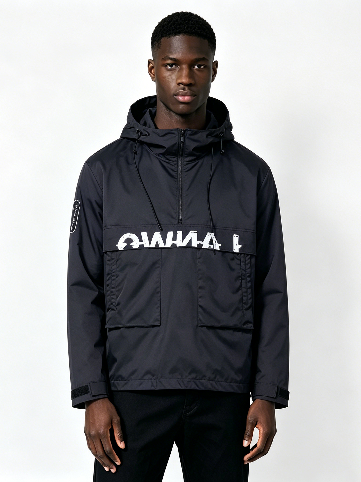 Custom Black Anorak Windbreaker Jacket - LW&SUNKUN Men's Streetwear Half-Zip Pullover with Logo Print OEM/ODM Wholesale