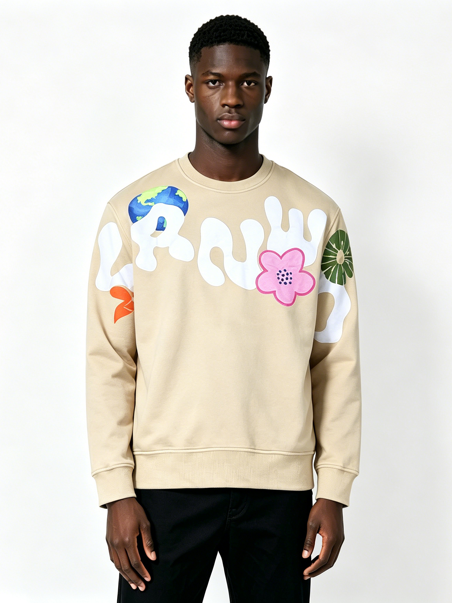 Custom Beige Floral & Earth Print Crewneck Sweatshirt - LW&SUNKUN Men's Artistic Streetwear Pullover OEM/ODM Wholesale