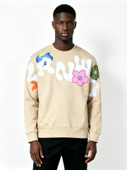 Custom Beige Floral & Earth Print Crewneck Sweatshirt - LW&SUNKUN Men's Artistic Streetwear Pullover OEM/ODM Wholesale