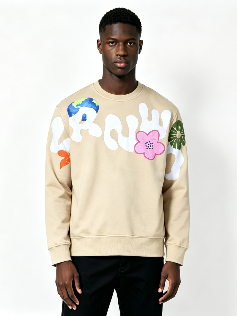 Custom Beige Floral & Earth Print Crewneck Sweatshirt - LW&SUNKUN Men's Artistic Streetwear Pullover OEM/ODM Wholesale