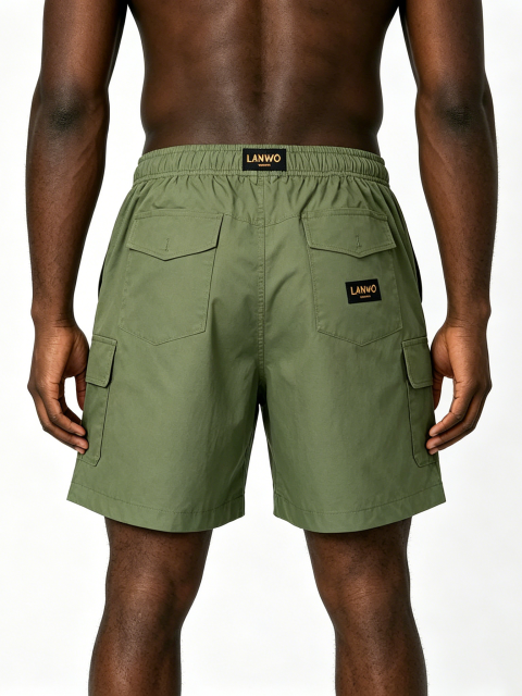 Custom Olive Green Utility Cargo Shorts - LW&SUNKUN Men's Elastic Waist Streetwear Shorts OEM/ODM Wholesale