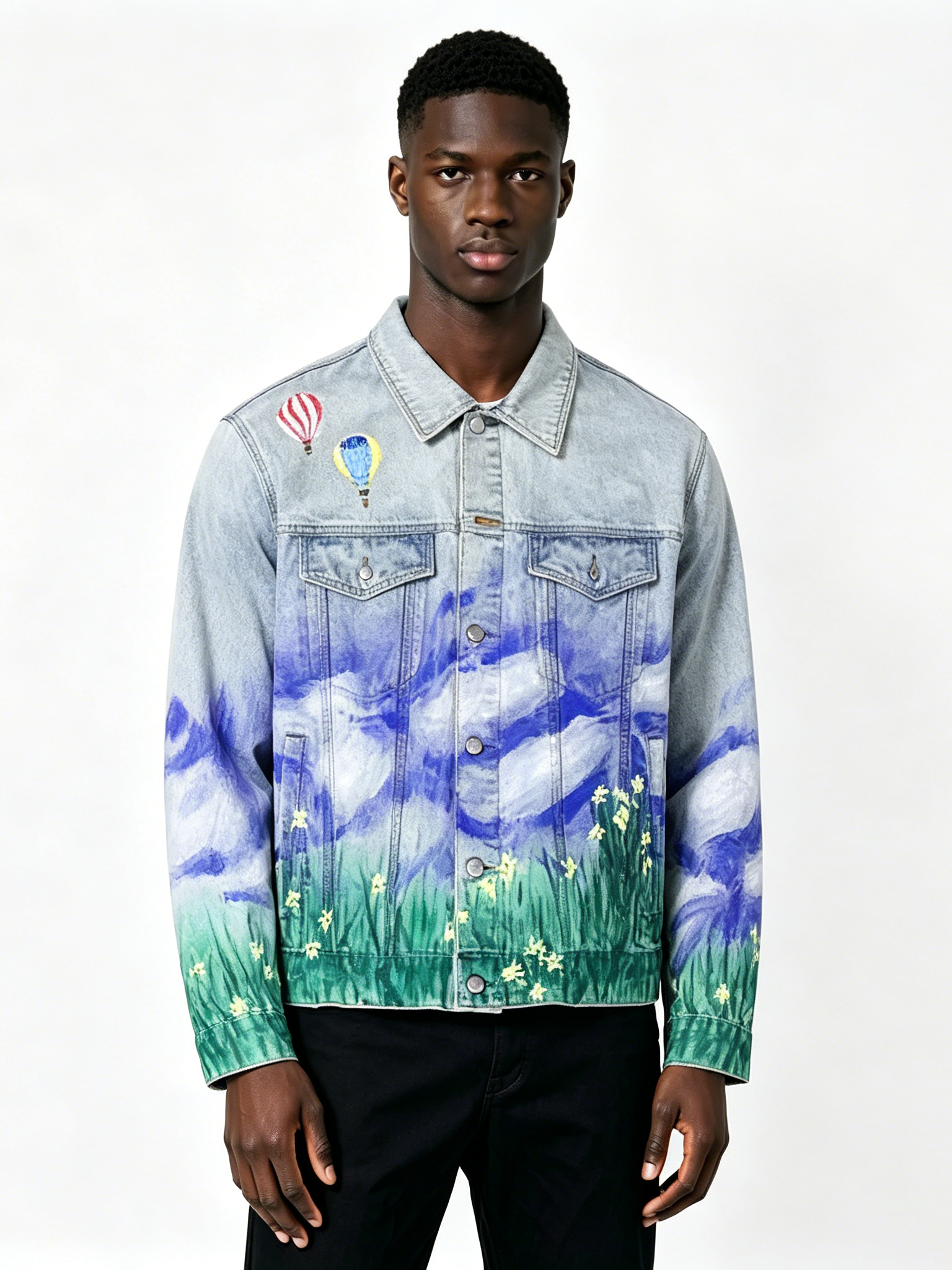 Custom Scenic Painted Denim Jacket - LW&SUNKUN Men's Hot Air Balloon & Landscape Art Streetwear Trucker Jacket OEM/ODM Wholesale