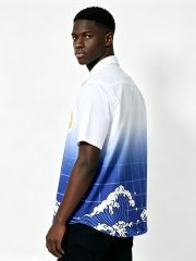 Custom Japanese Wave Gradient Short Sleeve Shirt - LW&SUNKUN Men's Hokusai-Inspired Moon Embroidered Streetwear Button-Down OEM/ODM Wholesale