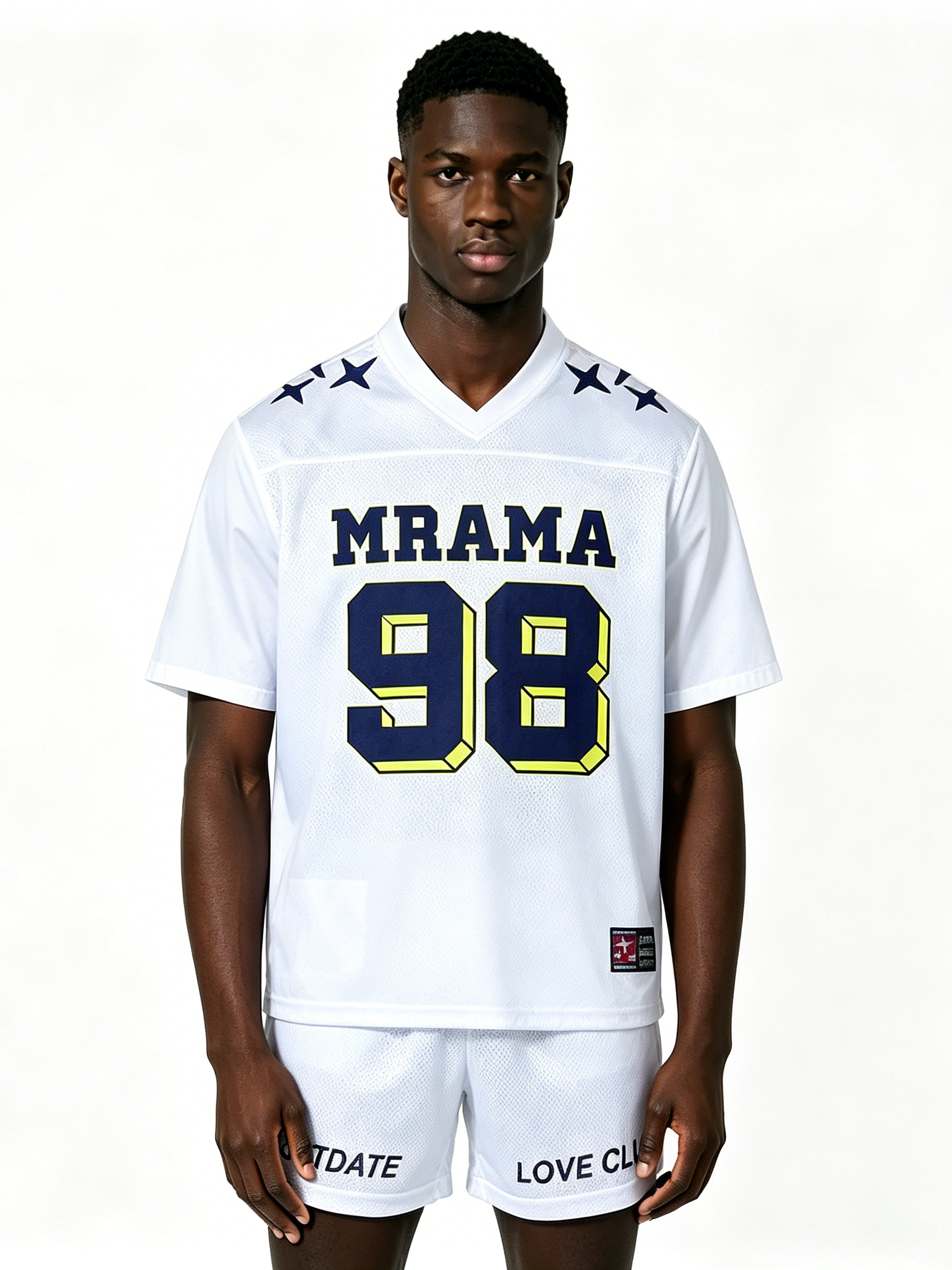 Custom White Mesh Football Jersey Set - LW&SUNKUN Men's "MRAMA 98" Star Print Streetwear Jersey & Shorts OEM/ODM Wholesale