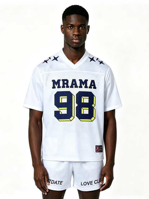 Custom White Mesh Football Jersey Set - LW&SUNKUN Men's "MRAMA 98" Star Print Streetwear Jersey & Shorts OEM/ODM Wholesale