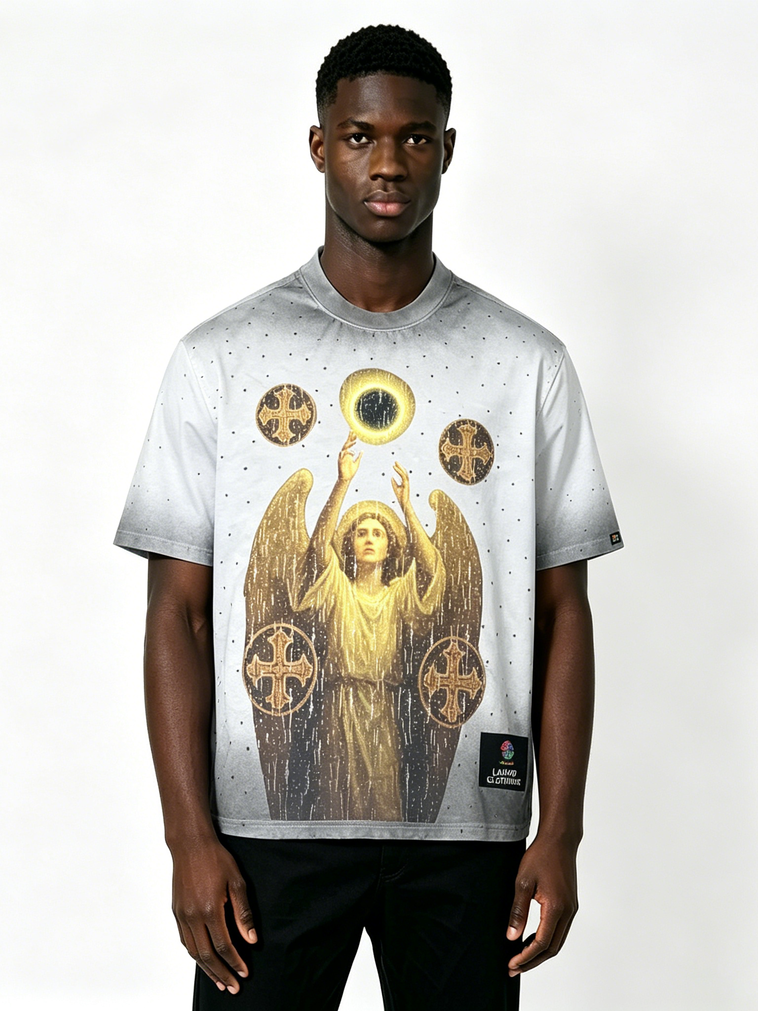 Custom Vintage Washed Angel Graphic T-Shirt - LW&SUNKUN Men's Gothic Cross Print Streetwear Tee OEM/ODM Wholesale
