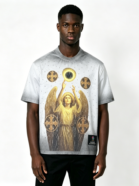 Custom Vintage Washed Angel Graphic T-Shirt - LW&SUNKUN Men's Gothic Cross Print Streetwear Tee OEM/ODM Wholesale