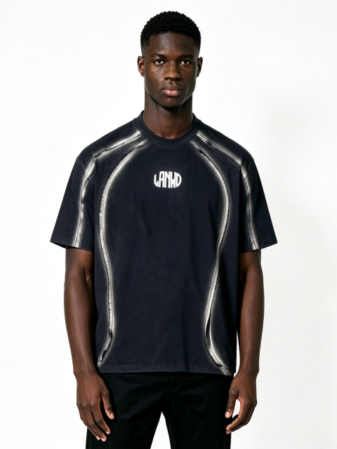 Custom Black Spray-Paint Effect Logo T-Shirt - LW&SUNKUN Men's Paneled Streetwear Tee OEM/ODM Wholesale