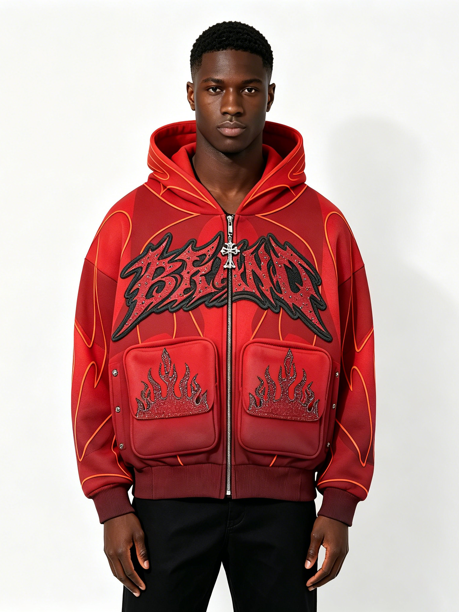 Custom Red Flame Rhinestone Zip-Up Hoodie - LW&SUNKUN Men's Gothic Embroidered Streetwear Jacket OEM/ODM Wholesale