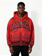 Custom Red Flame Rhinestone Zip-Up Hoodie - LW&SUNKUN Men's Gothic Embroidered Streetwear Jacket OEM/ODM Wholesale