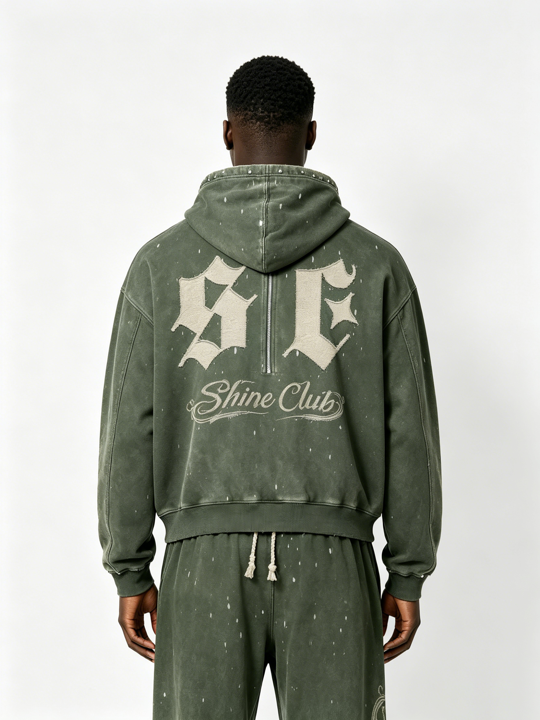 Custom Vintage Green Half-Zip Hoodie & Jogger Set - LW&SUNKUN Men's Gothic Letter Patch Streetwear Tracksuit OEM/ODM Wholesale