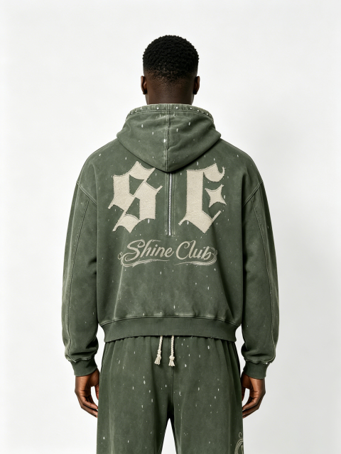Custom Vintage Green Half-Zip Hoodie & Jogger Set - LW&SUNKUN Men's Gothic Letter Patch Streetwear Tracksuit OEM/ODM Wholesale