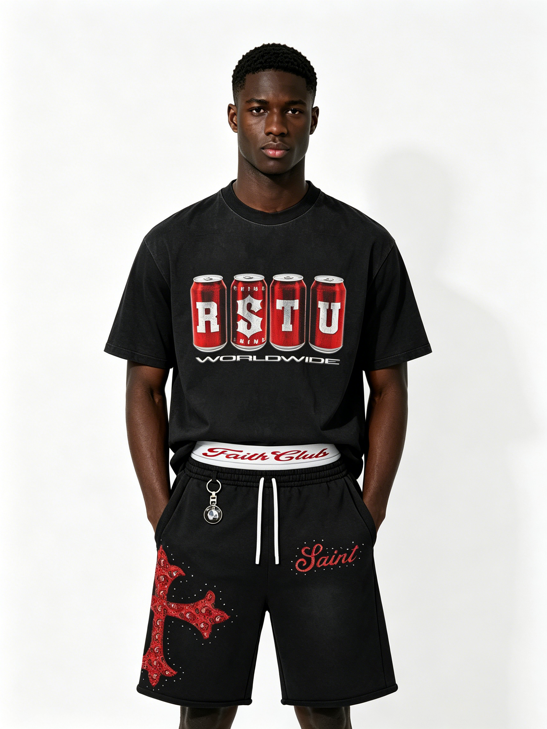 Custom Vintage Black Soda Can Print T-Shirt & Shorts Set - LW&SUNKUN Men's Cross Rhinestone Streetwear Tracksuit OEM/ODM Wholesale