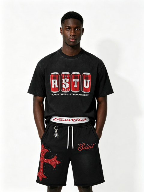 Custom Vintage Black Soda Can Print T-Shirt & Shorts Set - LW&SUNKUN Men's Cross Rhinestone Streetwear Tracksuit OEM/ODM Wholesale