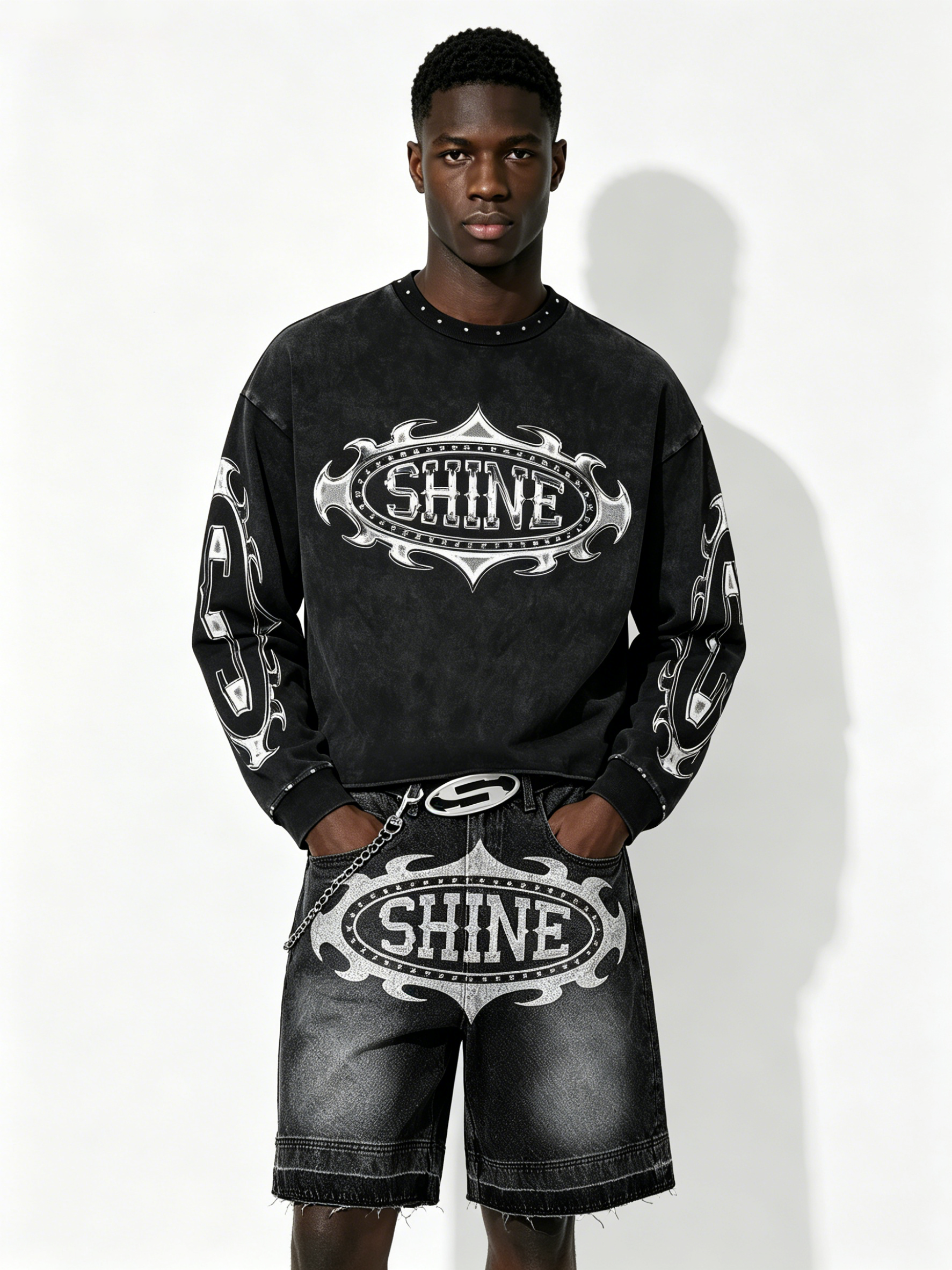 Custom Vintage Black "SHINE" Graphic Cropped Sweatshirt & Denim Shorts Set - LW&SUNKUN Men's Y2K Cyber Streetwear OEM/ODM Wholesale
