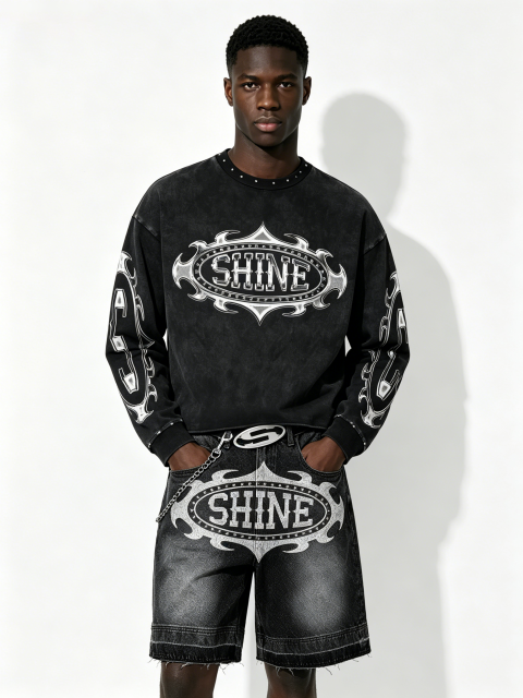 Custom Vintage Black "SHINE" Graphic Cropped Sweatshirt & Denim Shorts Set - LW&SUNKUN Men's Y2K Cyber Streetwear OEM/ODM Wholesale