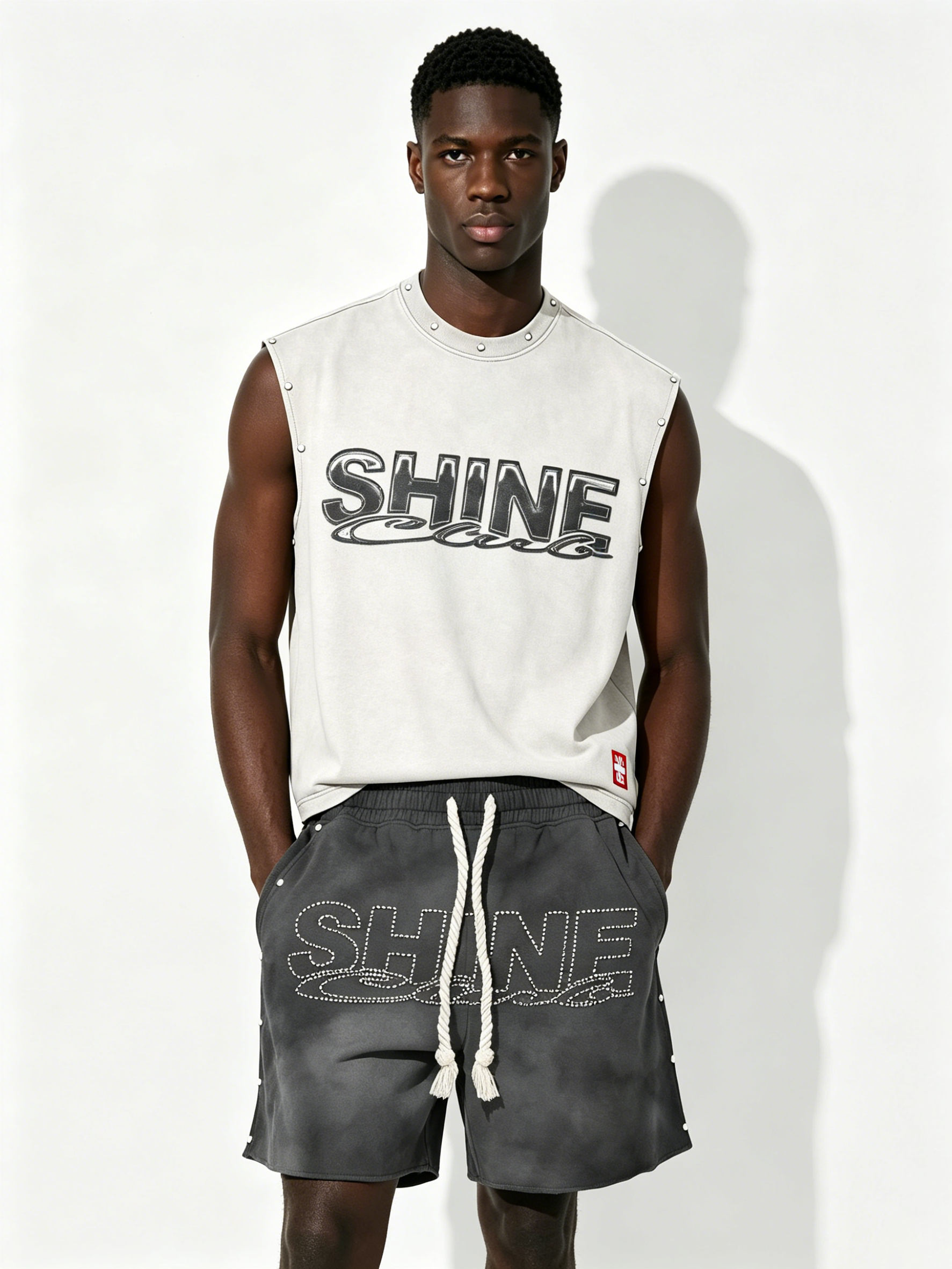 Custom Vintage Washed "SHINE" Studded Sleeveless Tank & Rhinestone Shorts Set - LW&SUNKUN Men's Streetwear OEM/ODM Wholesale