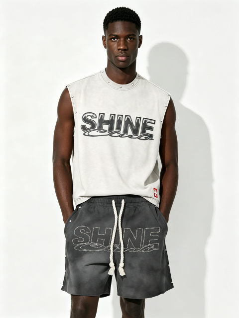 Custom Vintage Washed "SHINE" Studded Sleeveless Tank & Rhinestone Shorts Set - LW&SUNKUN Men's Streetwear OEM/ODM Wholesale