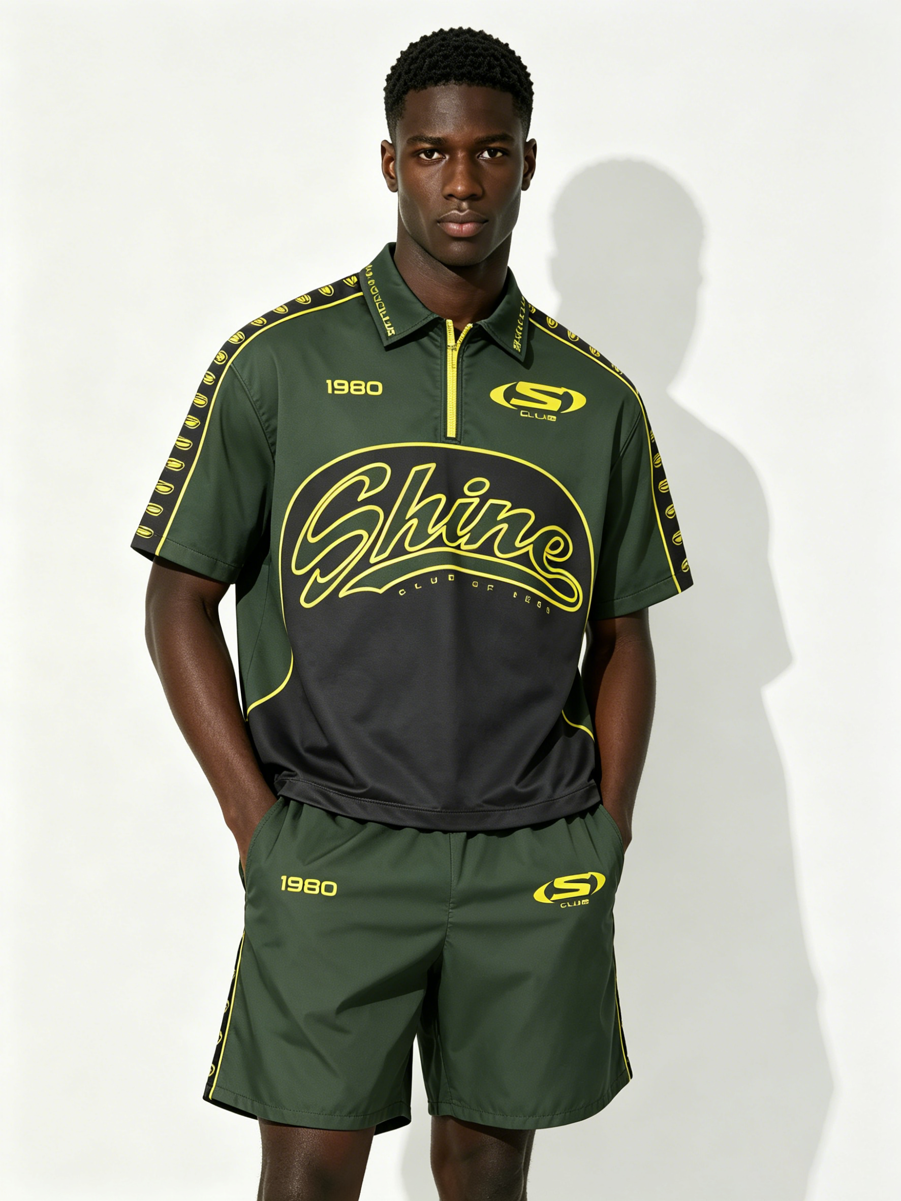 Custom Retro "Shine Club" Soccer Jersey Set - LW&SUNKUN Men's Green & Yellow Streetwear Tracksuit OEM/ODM Wholesale
