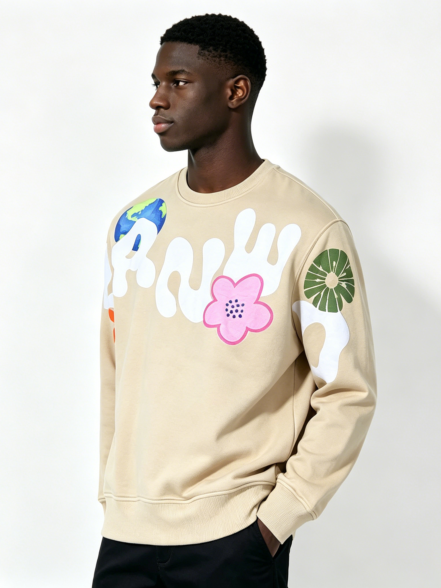 Custom Beige Floral & Earth Print Crewneck Sweatshirt - LW&SUNKUN Men's Artistic Streetwear Pullover OEM/ODM Wholesale