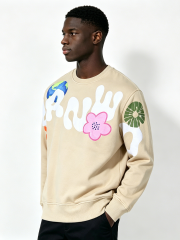 Custom Beige Floral & Earth Print Crewneck Sweatshirt - LW&SUNKUN Men's Artistic Streetwear Pullover OEM/ODM Wholesale