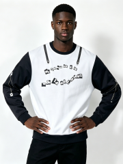 Custom Black & White Color Block Crewneck Sweatshirt - LW&SUNKUN Men's Zipper Detail Streetwear Pullover OEM/ODM Wholesale