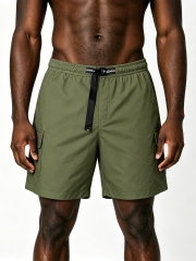 Custom Olive Green Utility Cargo Shorts - LW&SUNKUN Men's Elastic Waist Streetwear Shorts OEM/ODM Wholesale