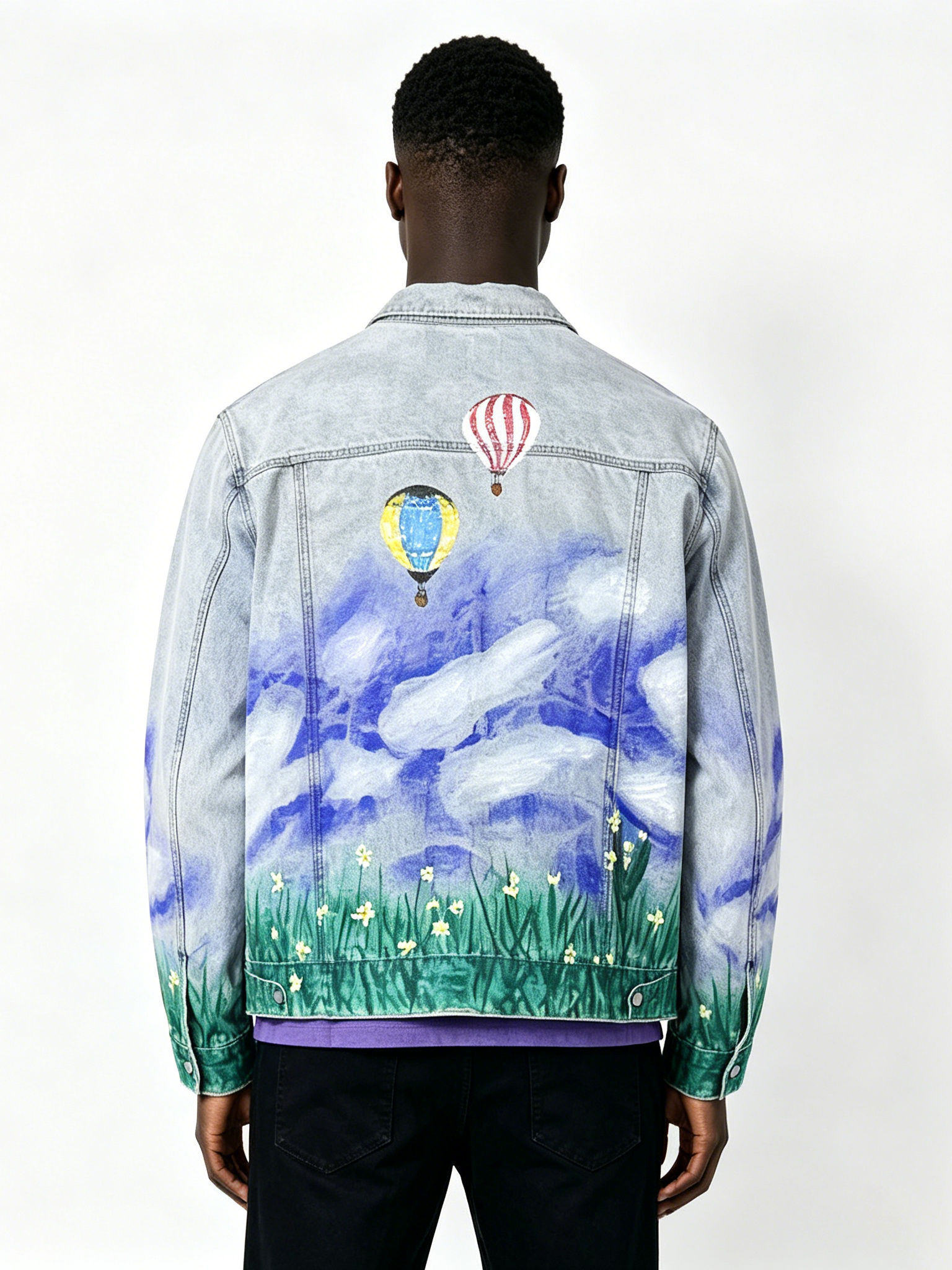 Custom Scenic Painted Denim Jacket - LW&SUNKUN Men's Hot Air Balloon & Landscape Art Streetwear Trucker Jacket OEM/ODM Wholesale