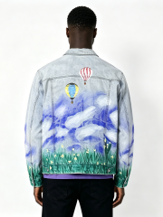 Custom Scenic Painted Denim Jacket - LW&SUNKUN Men's Hot Air Balloon & Landscape Art Streetwear Trucker Jacket OEM/ODM Wholesale
