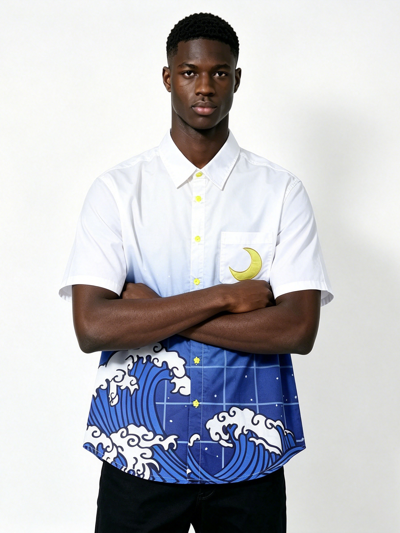 Custom Japanese Wave Gradient Short Sleeve Shirt - LW&SUNKUN Men's Hokusai-Inspired Moon Embroidered Streetwear Button-Down OEM/ODM Wholesale