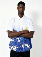 Custom Japanese Wave Gradient Short Sleeve Shirt - LW&SUNKUN Men's Hokusai-Inspired Moon Embroidered Streetwear Button-Down OEM/ODM Wholesale