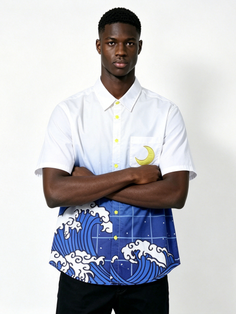 Custom Japanese Wave Gradient Short Sleeve Shirt - LW&SUNKUN Men's Hokusai-Inspired Moon Embroidered Streetwear Button-Down OEM/ODM Wholesale