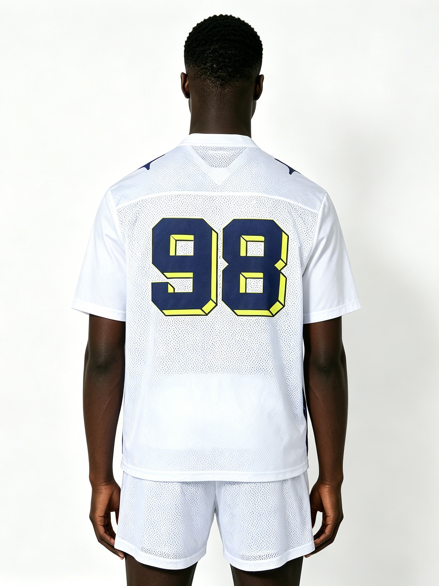 Custom White Mesh Football Jersey Set - LW&SUNKUN Men's "MRAMA 98" Star Print Streetwear Jersey & Shorts OEM/ODM Wholesale