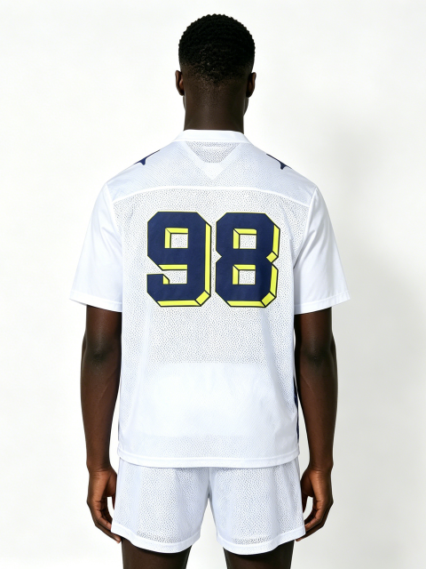 Custom White Mesh Football Jersey Set - LW&SUNKUN Men's "MRAMA 98" Star Print Streetwear Jersey & Shorts OEM/ODM Wholesale