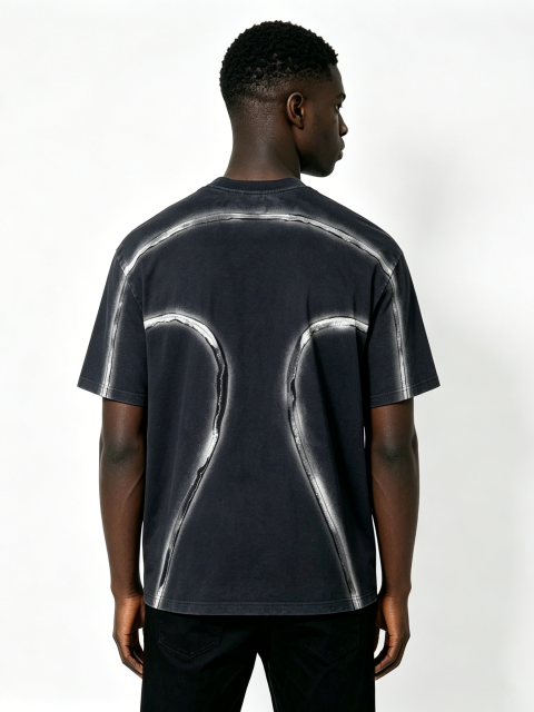 Custom Black Spray-Paint Effect Logo T-Shirt - LW&SUNKUN Men's Paneled Streetwear Tee OEM/ODM Wholesale