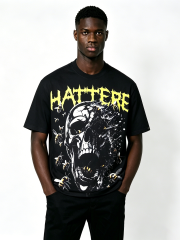 Custom Black Skull & Bees Graphic T-Shirt - LW&SUNKUN Men's "HATTERE" Gothic Streetwear Tee OEM/ODM Wholesale