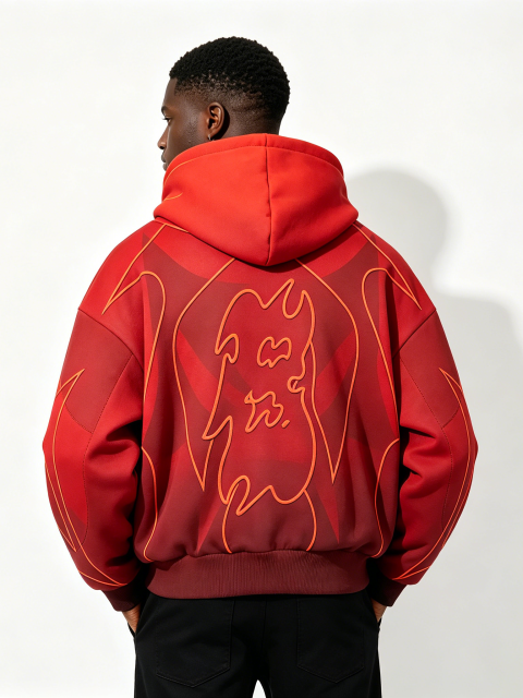 Custom Red Flame Rhinestone Zip-Up Hoodie - LW&SUNKUN Men's Gothic Embroidered Streetwear Jacket OEM/ODM Wholesale