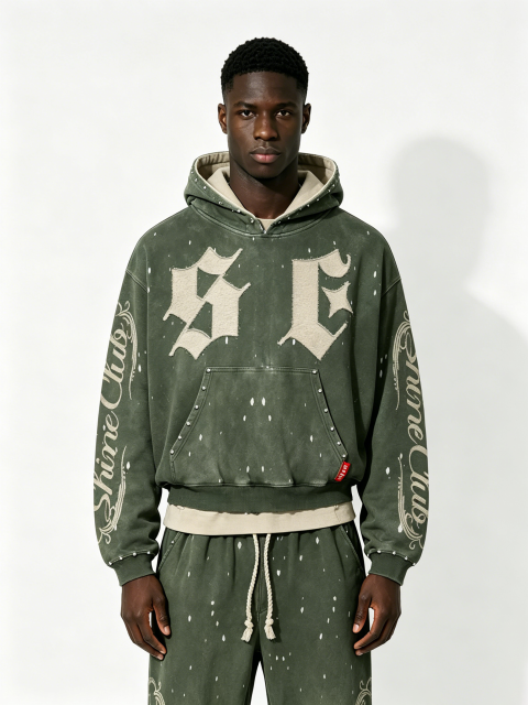 Custom Vintage Green Half-Zip Hoodie & Jogger Set - LW&SUNKUN Men's Gothic Letter Patch Streetwear Tracksuit OEM/ODM Wholesale