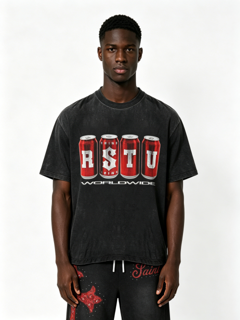 Custom Vintage Black Soda Can Print T-Shirt & Shorts Set - LW&SUNKUN Men's Cross Rhinestone Streetwear Tracksuit OEM/ODM Wholesale