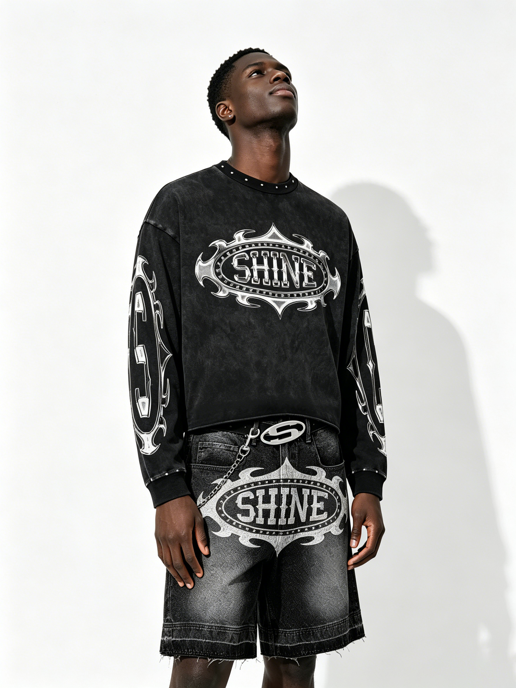 Custom Vintage Black "SHINE" Graphic Cropped Sweatshirt & Denim Shorts Set - LW&SUNKUN Men's Y2K Cyber Streetwear OEM/ODM Wholesale