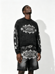 Custom Vintage Black "SHINE" Graphic Cropped Sweatshirt & Denim Shorts Set - LW&SUNKUN Men's Y2K Cyber Streetwear OEM/ODM Wholesale