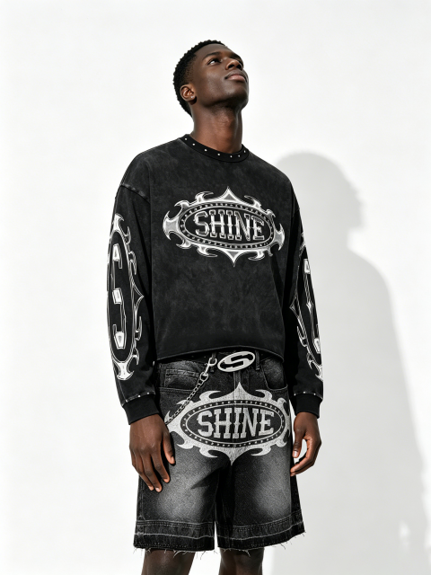 Custom Vintage Black "SHINE" Graphic Cropped Sweatshirt & Denim Shorts Set - LW&SUNKUN Men's Y2K Cyber Streetwear OEM/ODM Wholesale