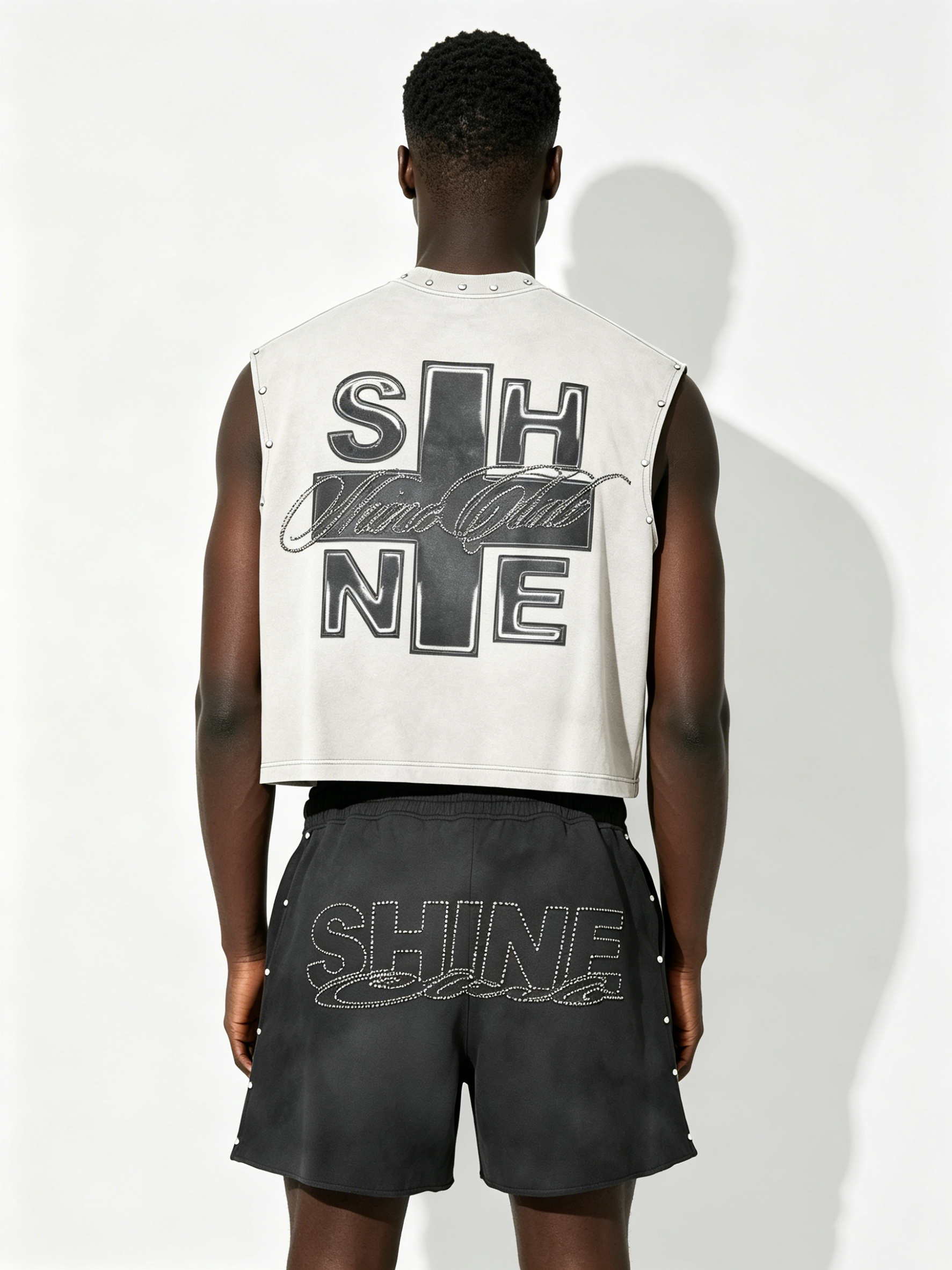 Custom Vintage Washed "SHINE" Studded Sleeveless Tank & Rhinestone Shorts Set - LW&SUNKUN Men's Streetwear OEM/ODM Wholesale