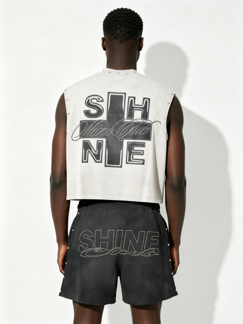 Custom Vintage Washed "SHINE" Studded Sleeveless Tank & Rhinestone Shorts Set - LW&SUNKUN Men's Streetwear OEM/ODM Wholesale