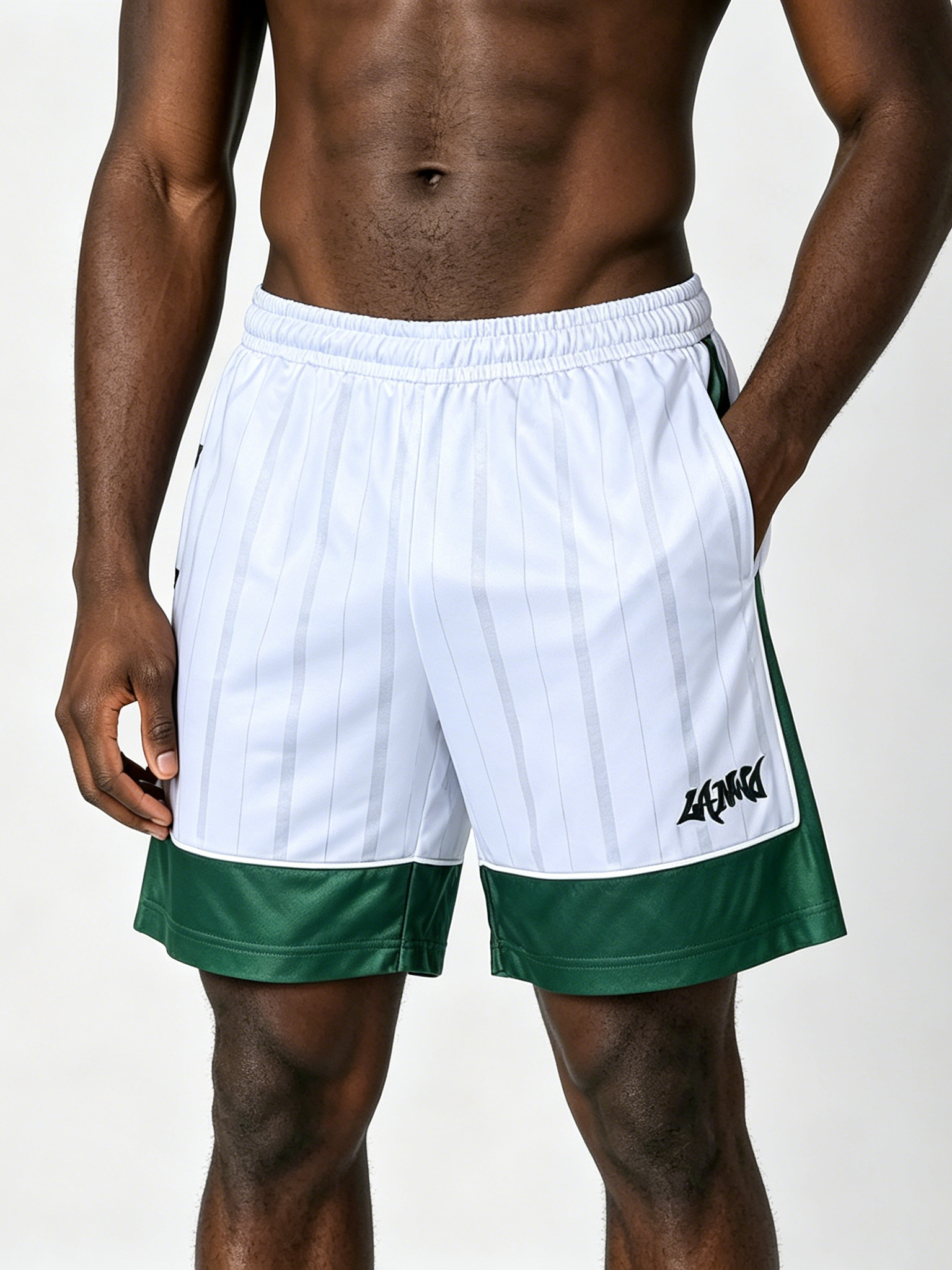 Custom Retro Soccer Stripe Athletic Shorts - LW&SUNKUN Men's White & Green Streetwear Sport Shorts OEM/ODM Wholesale