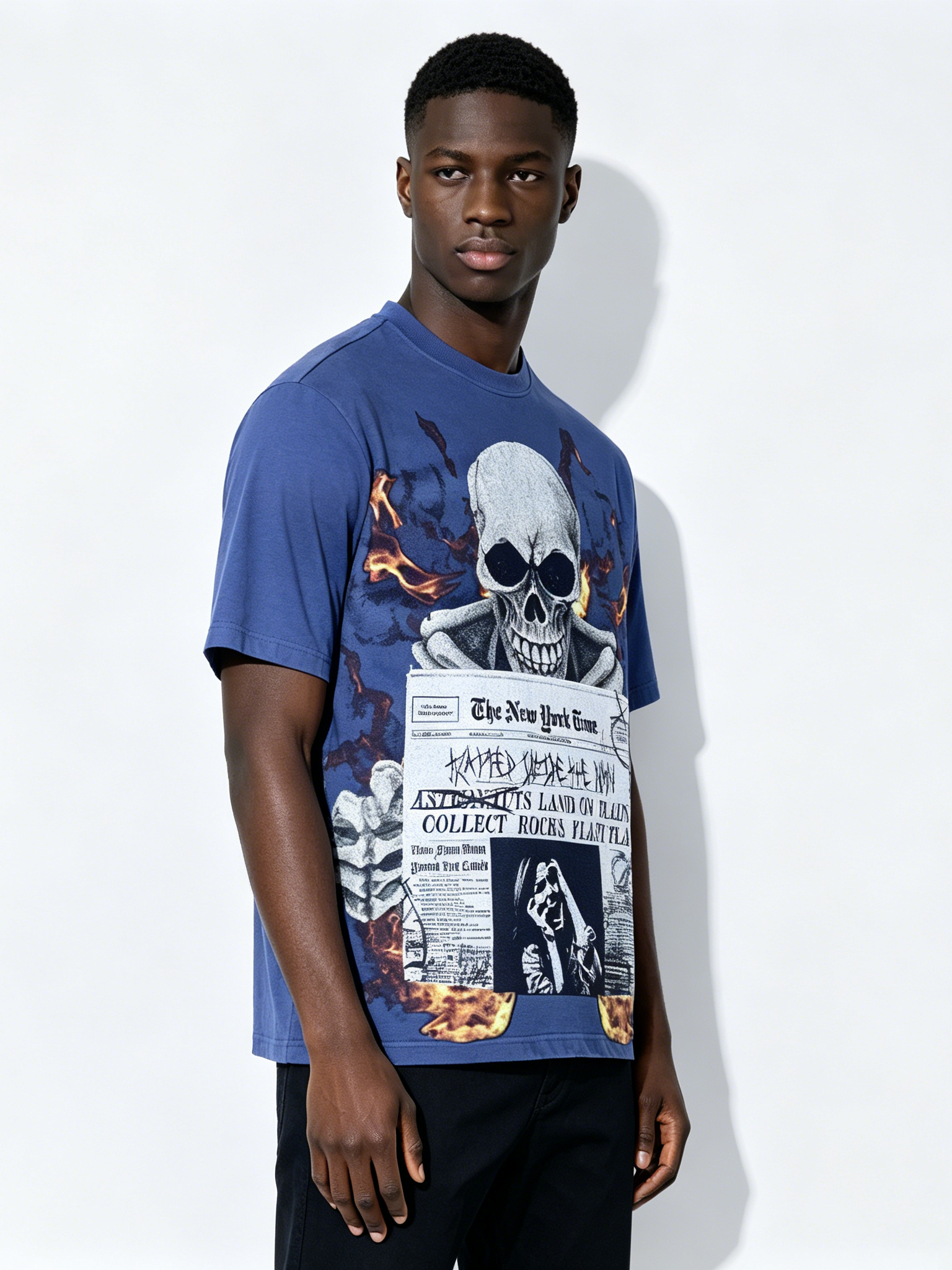 Custom Vintage Wash Skull & Newspaper Graphic T-Shirt - LW&SUNKUN Men's Fire Print Streetwear Tee OEM/ODM Wholesale