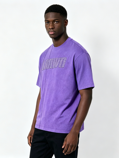 Custom Vintage Purple Rhinestone Logo T-Shirt - LW&SUNKUN Men's Washed Paneled Streetwear Tee OEM/ODM Wholesale